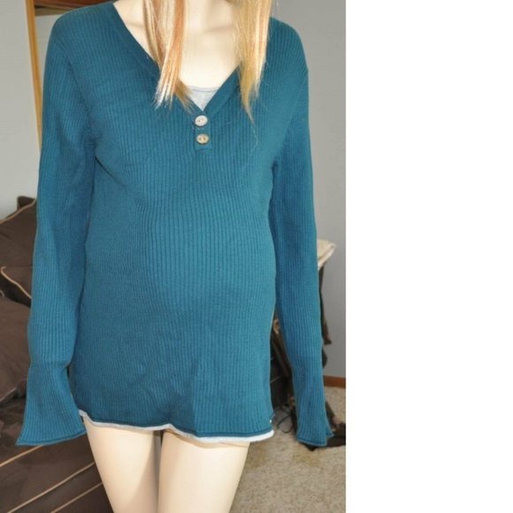 Maternity Sweater Green Large Motherhood Oh Baby Mock V-Neck Long Sleeve - Picture 1 of 4
